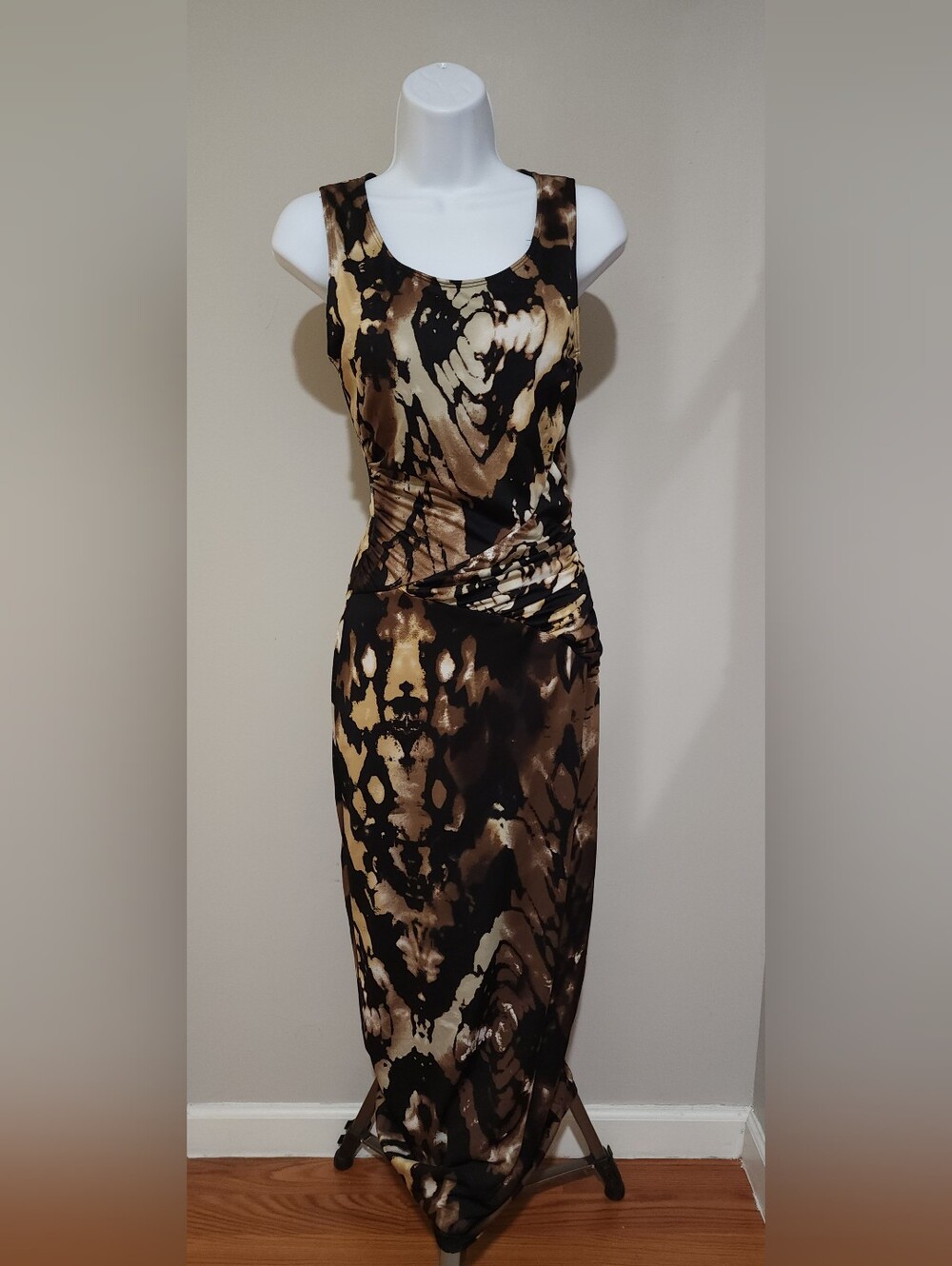 Ruby Rox Abstract Tie Dye Ruched Maxi Dress Brown Black Small Y2K Vintage